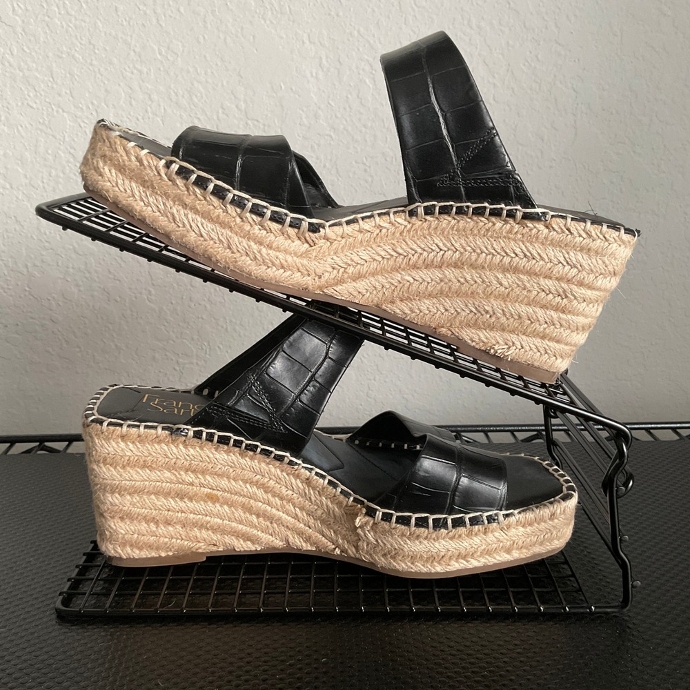 Franco Sarto Clave Black Croc Leather Espadrille Wedge Sandals Womens 7M - Picture 3 of 13